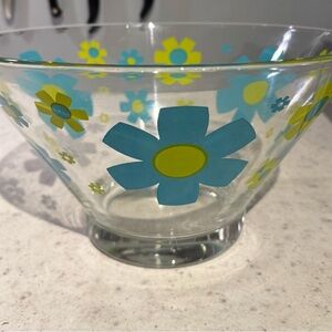 Vintage Glass Bowl with Blue and Yellow Flowers